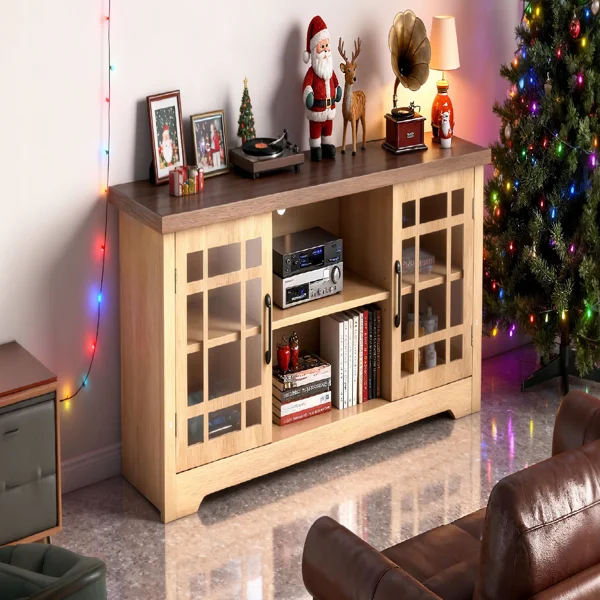 57.87 Inch TV Stand with Deep Brown Top & Natural Wood Cabinet - Double Glass Door Media Console, Laminate Particle Board Entertainment Center for TVs Up to 65 Inches view 6