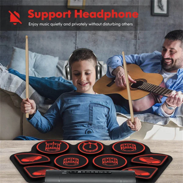 9-Pad Electric Drum Set for Beginners, MIDI USB Connection Dual Stereo Speakers Black+Red view 3