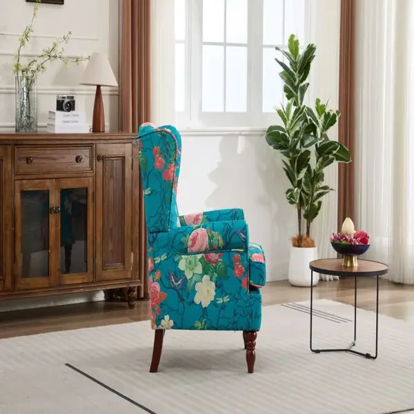 Modern Accent Chair with Retro Wood Legs, Comfy Upholstered Armchair, Floral Design Single Sofa Chair for Living Room Bedroom Office - Floral Cyan view 2
