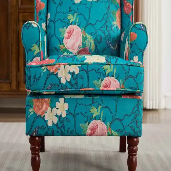 Modern Accent Chair with Retro Wood Legs, Comfy Upholstered Armchair, Floral Design Single Sofa Chair for Living Room Bedroom Office - Floral Cyan view 3