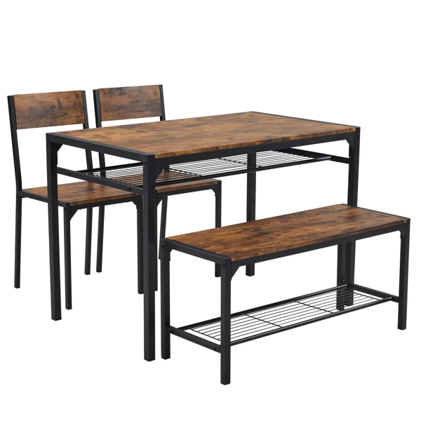 Dining Table Set for 4, Kitchen Table with 2 Chairs and a Bench, 4 Piece Kitchen Table Set for Small Space, Home Kitchen Bar Pub Apartment, Rustic Brown view 2