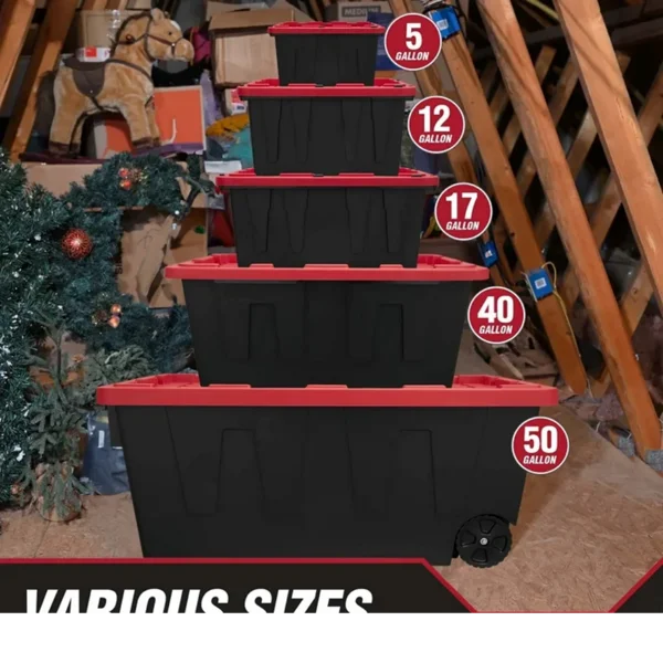 (2 pack)40 Gallon Extra Large Storage Bin with Snap Lid, Black and Red, Heavy Duty Plastic Storage Container view 5