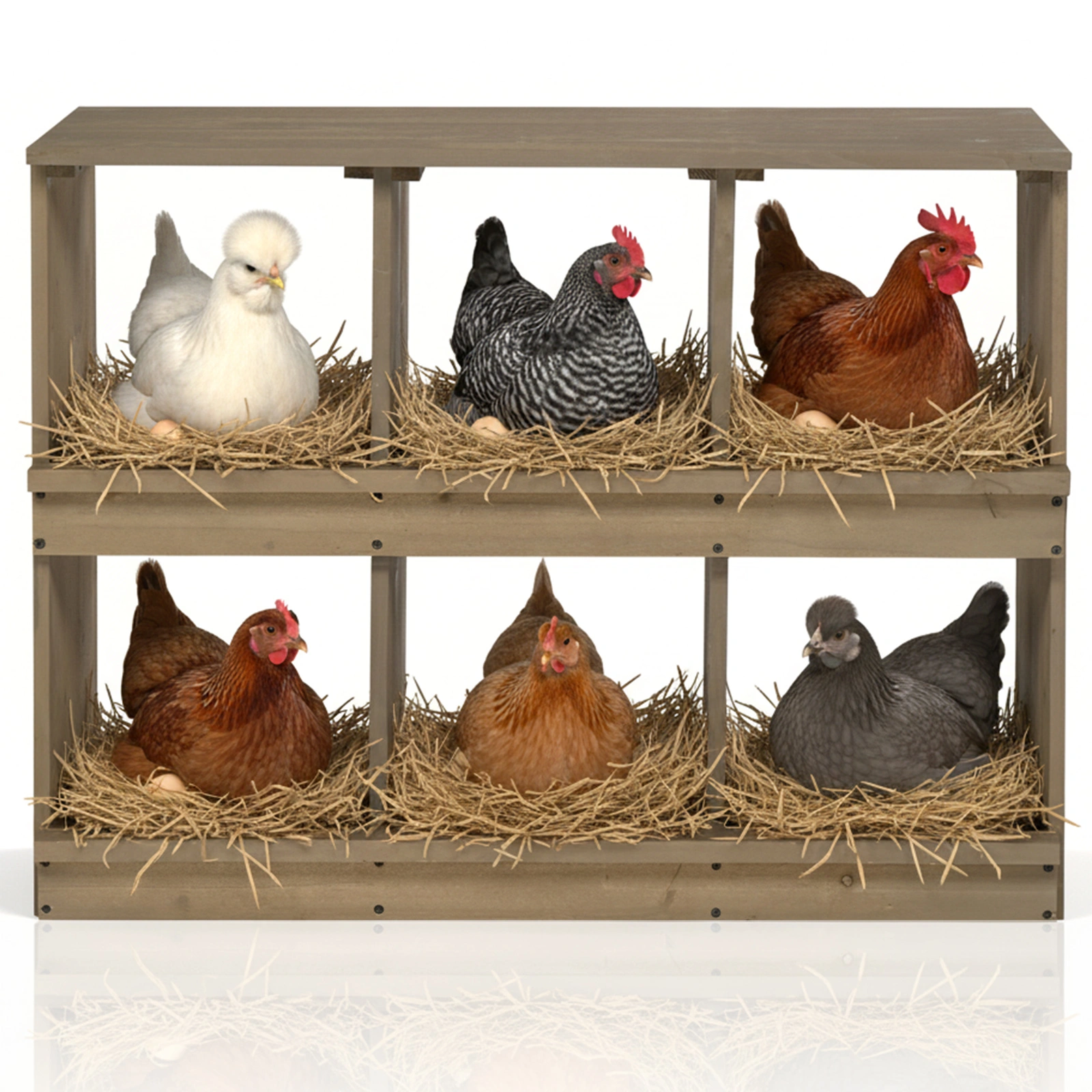 Wooden Chicken Nesting Box 6 Compartment - Gray Egg Laying Nest Box for Chickens Hens Ducks
