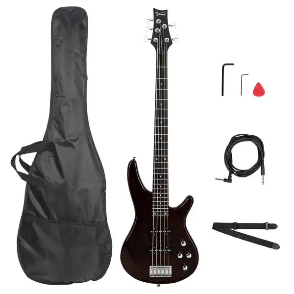 GIB Electric 5 String Bass Guitar Full Size Bag Strap Pick Connector Wrench Tool Earth Brown view 2