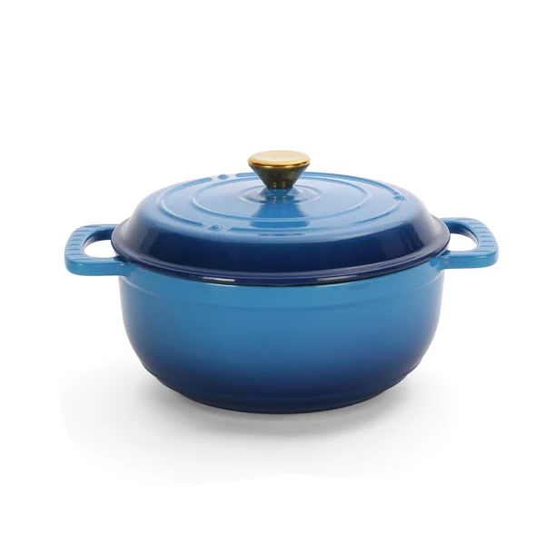 Cast iron 5QT cooking pot - Gradient blue - Includes two silicone gloves - Enamel pot view 2