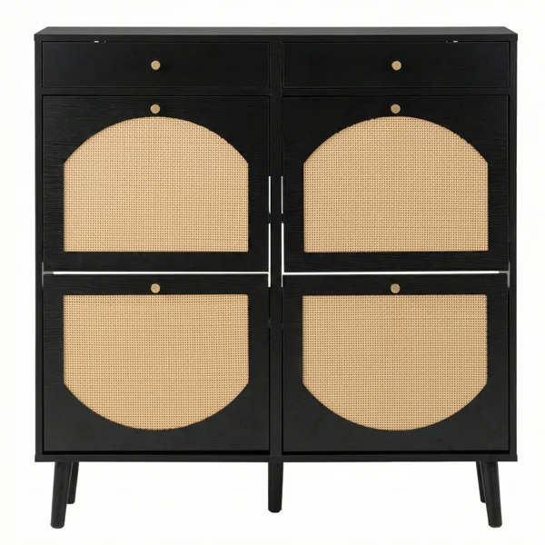 Rattan shoe cabinet with 2 drawers and 4 flip-tops, made of particleboard, 105*24*110cm, black view 4