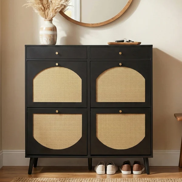 Rattan shoe cabinet with 2 drawers and 4 flip-tops, made of particleboard, 105*24*110cm, black view 5