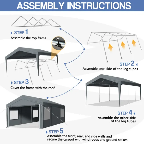 12x20 ft Carport Car Port Canopy Grey view 2