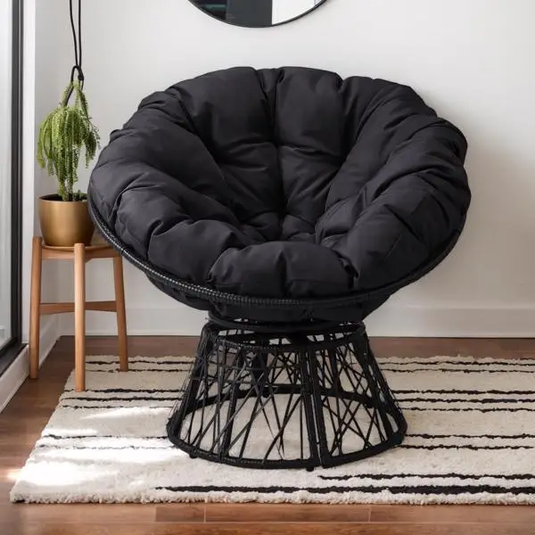 38" Ergonomic Swivel Wicker Papasan Chair with Thick Tufted Cushions, 360 Degree Rotatable Chairs for Living Room Bedroom Reading Room, Gray Cushion view 5