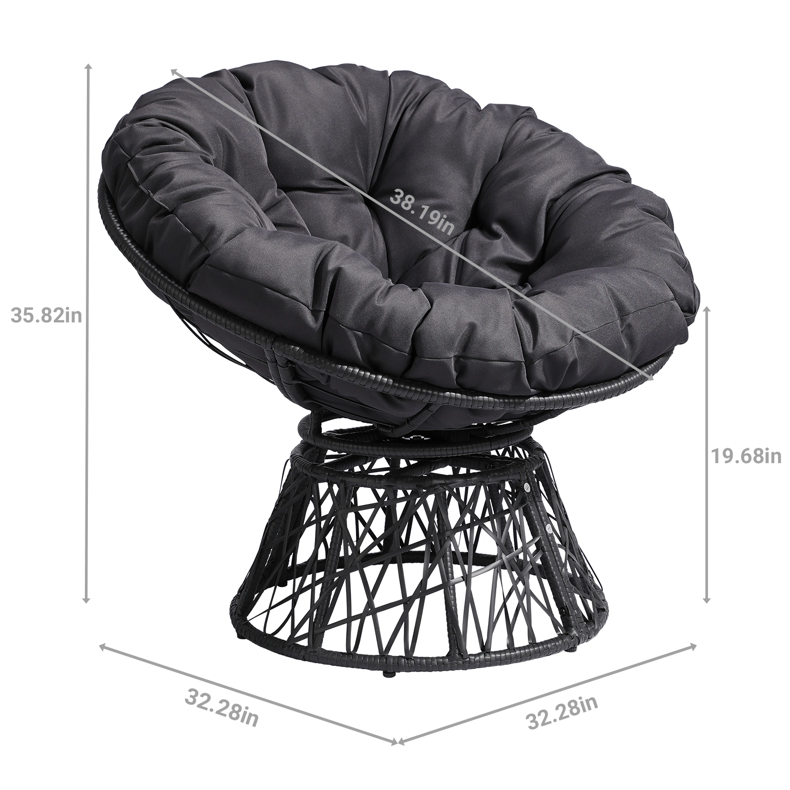38 Inch Wicker Papasan Chair with Thick Tufted Cushion, Ergonomic 360 Swivel Chair, Gray view 3