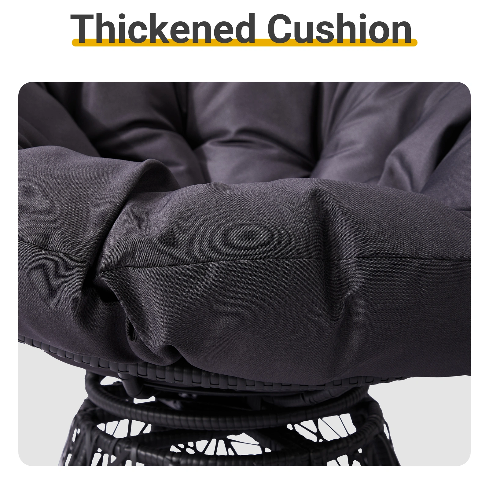 38 Inch Wicker Papasan Chair with Thick Tufted Cushion, Ergonomic 360 Swivel Chair, Gray view 8