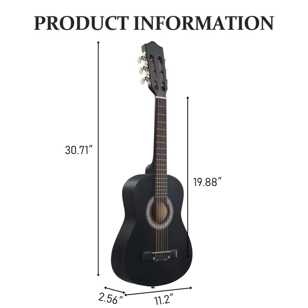 Matte Black 30-inch Round Acoustic Guitar with Picks, Strings, Capo, Case, Tuner, and Strap view 2