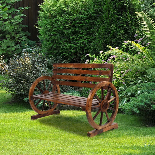 Rustic 2-Person Wooden Wagon Wheel Bench with Slatted Seat and Backrest, Brown view 4