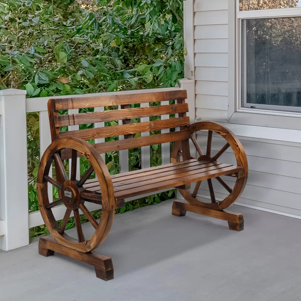 Rustic 2-Person Wooden Wagon Wheel Bench with Slatted Seat and Backrest, Brown