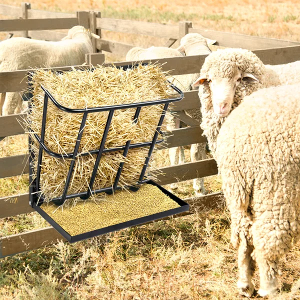 Large Capacity Hay Feeder with Detachable Grain Tray, Heavy Duty Steel 2 in 1 Hay Rack, Multiple Sided Goat Feeding Rack for Sheep Farm Livestock Indoor Outdoor, Black view 4