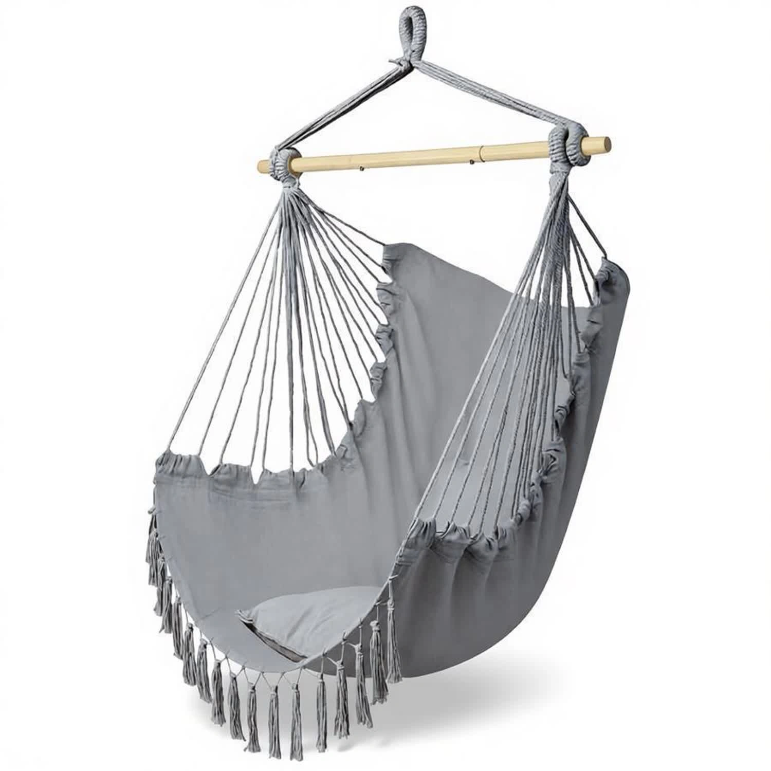 Light Gray Tassel Hanging Chair - Boho Hammock Chair with Soft Throw Pillow & Rope, Indoor Outdoor Macrame Swing Seat