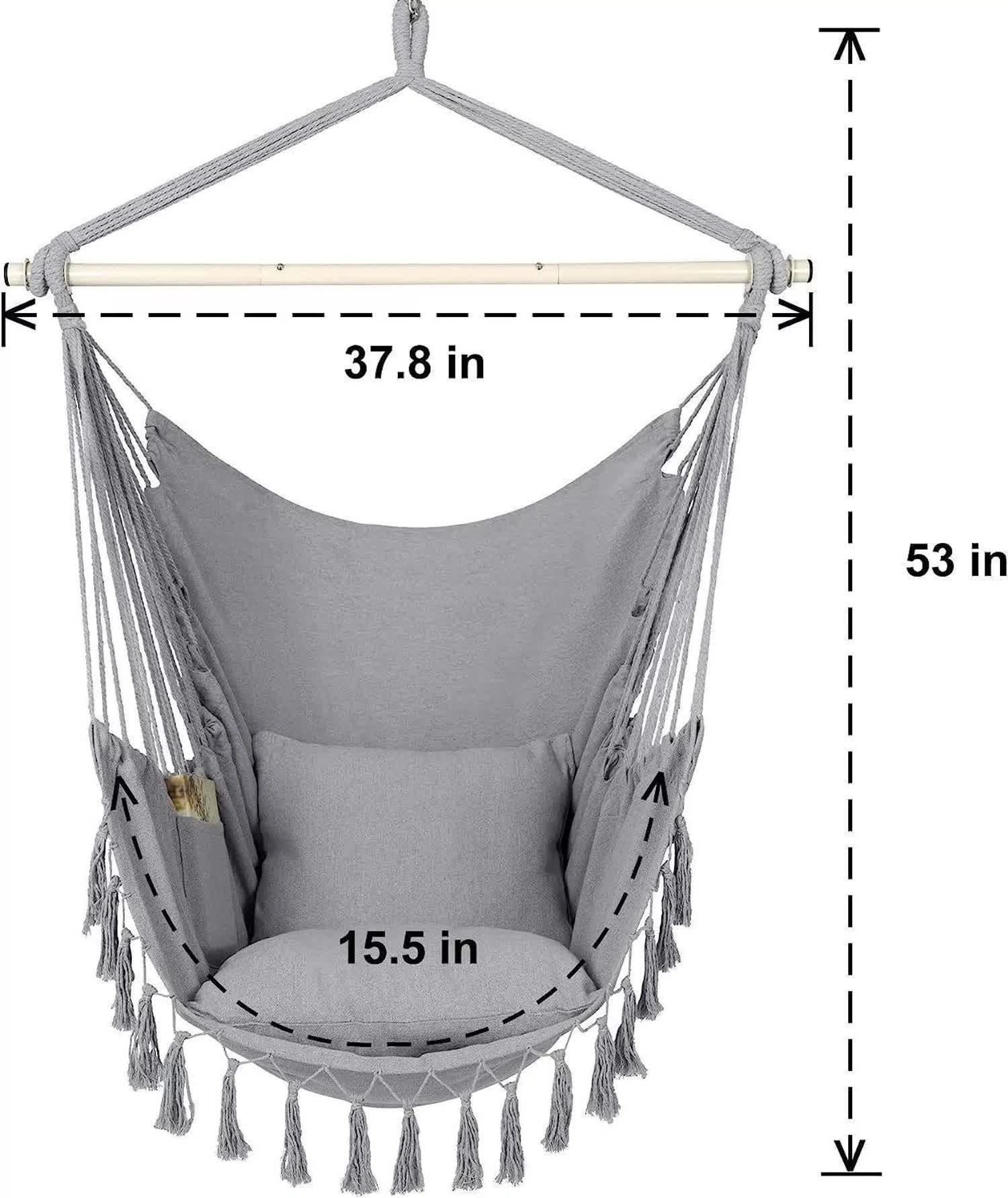 Light Gray Tassel Hanging Chair - Boho Hammock Chair with Soft Throw Pillow & Rope, Indoor Outdoor Macrame Swing Seat view 3
