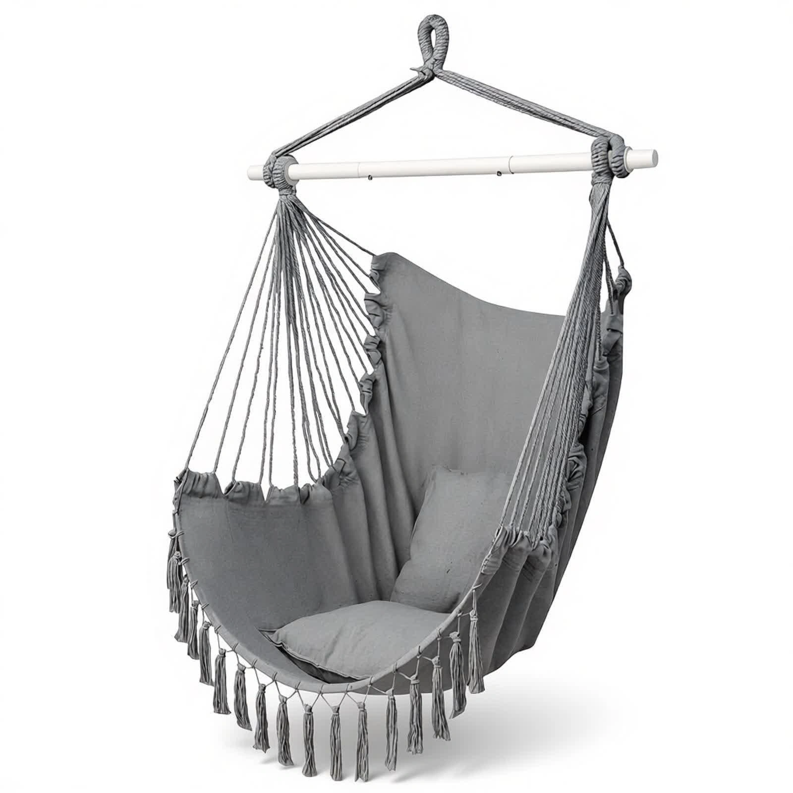 Light Gray Tassel Hanging Chair - Boho Hammock Chair with Soft Throw Pillow & Rope, Indoor Outdoor Macrame Swing Seat view 5