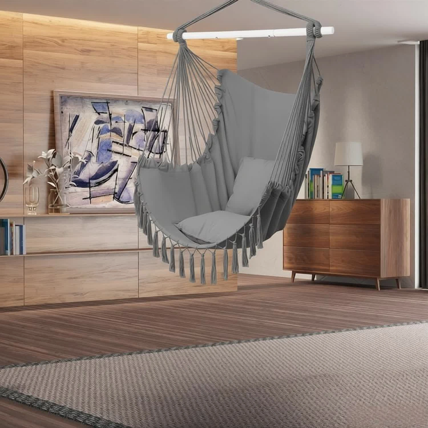 Light Gray Tassel Hanging Chair - Boho Hammock Chair with Soft Throw Pillow & Rope, Indoor Outdoor Macrame Swing Seat view 6