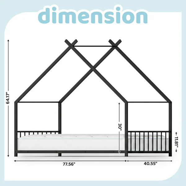 Black House Shaped Twin Size Kids Metal Bed with Side Rails, Platform Bed No Box Spring Needed, Safe & Sturdy Metal Frame for Kids Toddlers, US Standard Size view 2