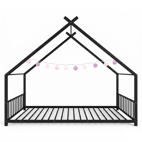 Black House Shaped Twin Size Kids Metal Bed with Side Rails, Platform Bed No Box Spring Needed, Safe & Sturdy Metal Frame for Kids Toddlers, US Standard Size view 5