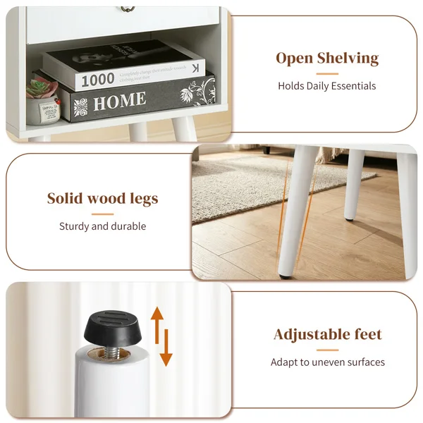 White P2 particleboard with solid wood legs, linen-textured melamine finish, and ring pull handle. 38*30*55cm. One drawer with a lower compartment. Bedside table. 1PC view 3