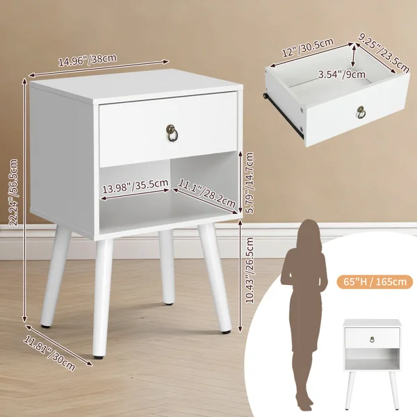 White P2 particleboard with solid wood legs, linen-textured melamine finish, and ring pull handle. 38*30*55cm. One drawer with a lower compartment. Bedside table. 1PC view 5