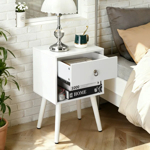 White P2 particleboard with solid wood legs, linen-textured melamine finish, and ring pull handle. 38*30*55cm. One drawer with a lower compartment. Bedside table. 1PC