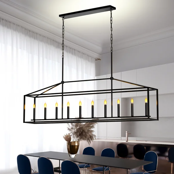 10 Lights Farmhouse Black Chandelier Rectangular Linear Pendant Lighting for Dining Room Kitchen Island