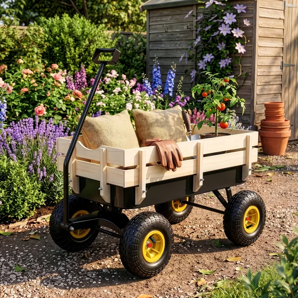 Heavy Duty Steel Wooden Side Support Cargo Wagon with 10" All-Terrain Air Tires, Up to 220lb Load Capacity, for Towing Kids Toys, Gardening Supplies, Black view 4