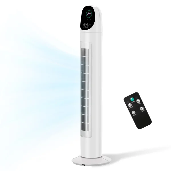 US Standard TF-36BR Tower Fan, 110V 50W, 34 Inch, No Water Tank, Remote Control & Digital Display, Plastic Material, Black & White, Concave Arc Head, 9-Hour Timer, Indoor Use