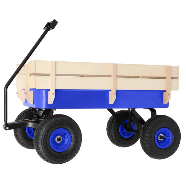 Heavy Duty Steel Wooden Side Support Cargo Wagon with 10" All-Terrain Air Tires, Up to 220lb Load Capacity, for Towing Kids Toys, Gardening Supplies, Blue view 2
