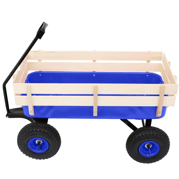 Heavy Duty Steel Wooden Side Support Cargo Wagon with 10" All-Terrain Air Tires, Up to 220lb Load Capacity, for Towing Kids Toys, Gardening Supplies, Blue view 3