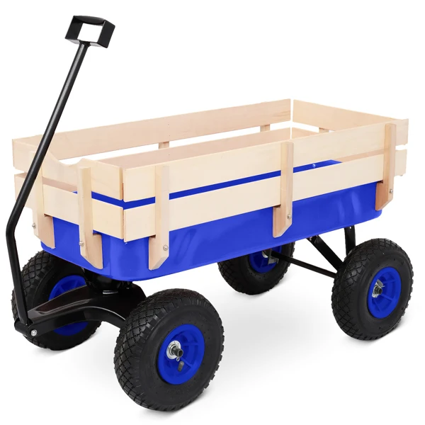 Heavy Duty Steel Wooden Side Support Cargo Wagon with 10" All-Terrain Air Tires, Up to 220lb Load Capacity, for Towing Kids Toys, Gardening Supplies, Blue