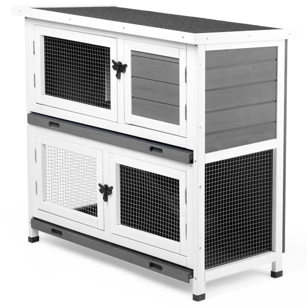 2 Story Solid Wood Rabbit Hutch Bunny Cage with 2 Large Main Rooms, Indoor Outdoor Rabbit House Guinea Pig Cage Pet House for Small Animals with 2 Removable Trays, Grey view 4