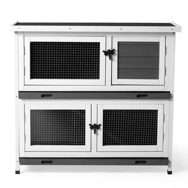 2 Story Solid Wood Rabbit Hutch Bunny Cage with 2 Large Main Rooms, Indoor Outdoor Rabbit House Guinea Pig Cage Pet House for Small Animals with 2 Removable Trays, Grey view 5