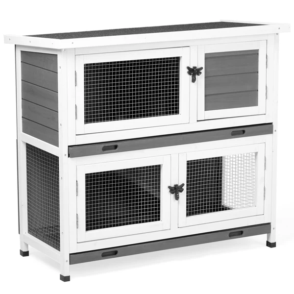 2 Story Solid Wood Rabbit Hutch Bunny Cage with 2 Large Main Rooms, Indoor Outdoor Rabbit House Guinea Pig Cage Pet House for Small Animals with 2 Removable Trays, Grey view 6