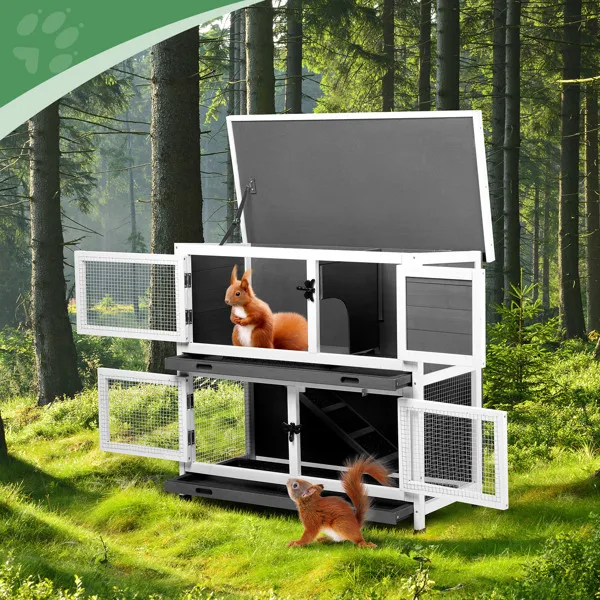 2 Story Solid Wood Rabbit Hutch Bunny Cage with 2 Large Main Rooms, Indoor Outdoor Rabbit House Guinea Pig Cage Pet House for Small Animals with 2 Removable Trays, Grey