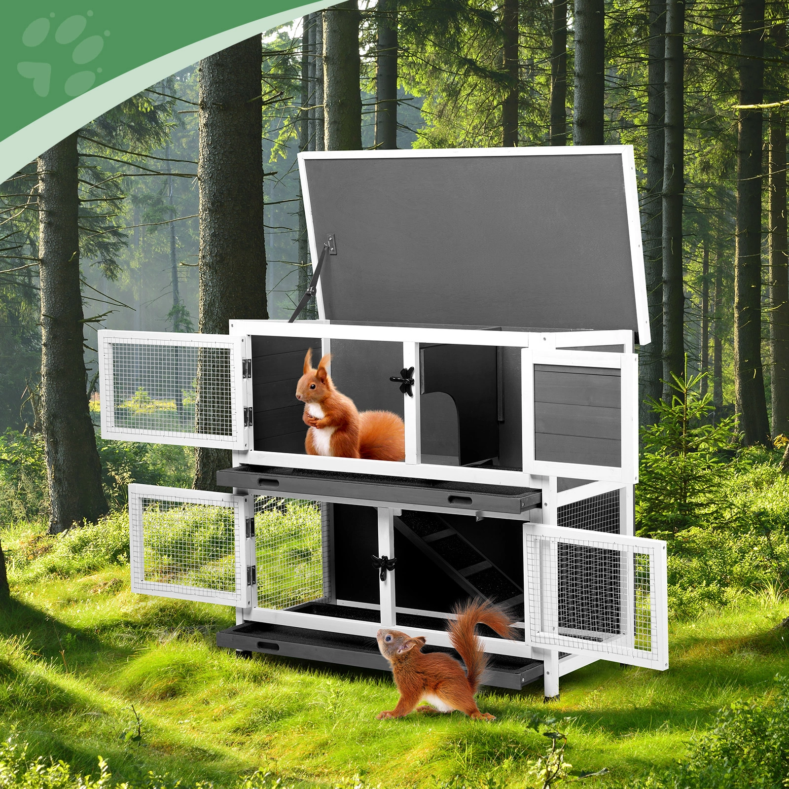 2 Story Solid Wood Rabbit Hutch with 2 Large Rooms & 2 Removable Trays, Grey Indoor Outdoor Pet House for Rabbits Guinea Pigs