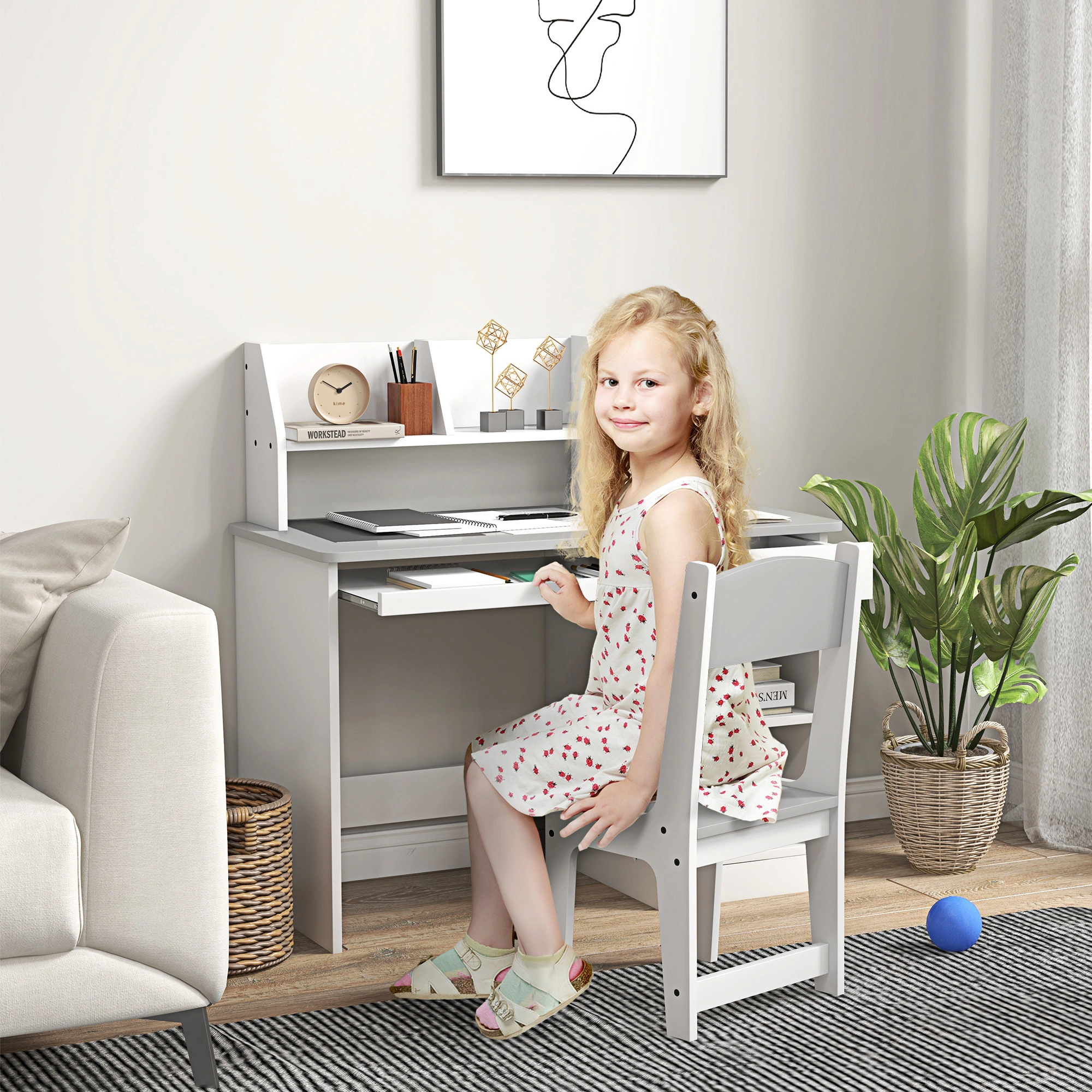 Kids Study Desk with Storage Shelves & Bookshelf, Adjustable Height Writing Table for Children Teens Bedroom Classroom