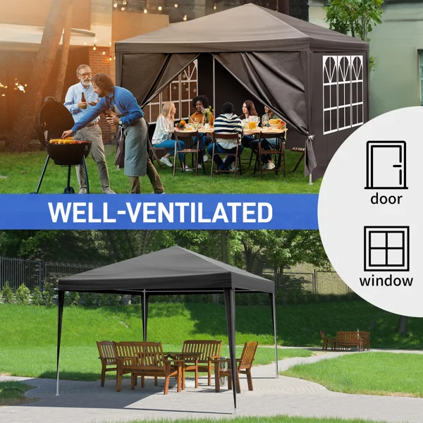 10×10ft Black Outdoor Canopy Gazebo with 4 Removable Side Panels, 2 Zipper Doors and 2 Mesh Windows, Heavy Duty PE Cloth, Powder Coated Iron Pipes for Backyard Party Camping view 3