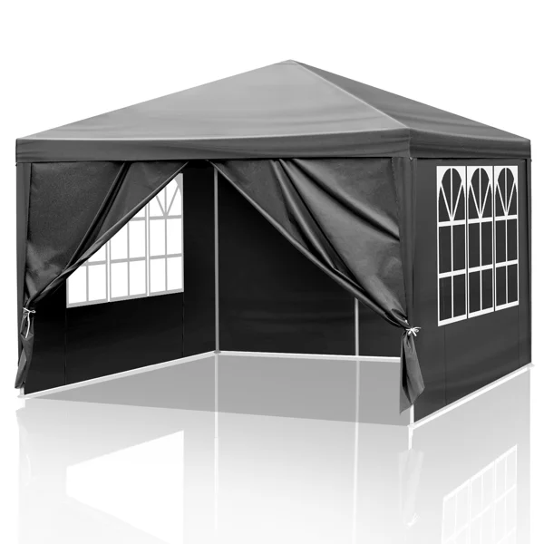 10×10ft Black Outdoor Canopy Gazebo with 4 Removable Side Panels, 2 Zipper Doors and 2 Mesh Windows, Heavy Duty PE Cloth, Powder Coated Iron Pipes for Backyard Party Camping