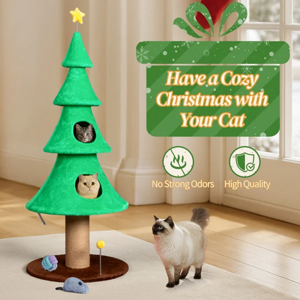 59in Large Tall Christmas Tree Cat Tower with 2 Cat Condos & Scratching Post, Soft Fleece Cat Tree with Teaser Toy & Sturdy Base & Built-in Openings for Indoor Cats, Green view 4