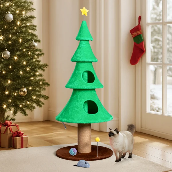 59in Large Tall Christmas Tree Cat Tower with 2 Cat Condos & Scratching Post, Soft Fleece Cat Tree with Teaser Toy & Sturdy Base & Built-in Openings for Indoor Cats, Green view 6