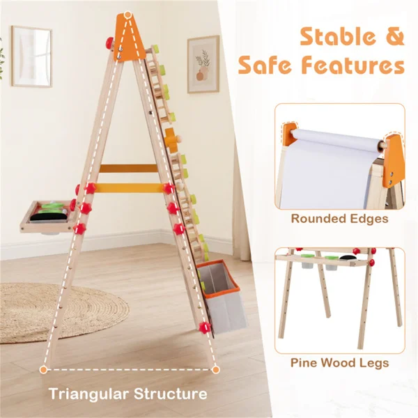 4-in-1 Kids Art Easel with Marble Run, Adjustable Height Double-Sided Drawing Easel with Paper Roll & Storage view 4