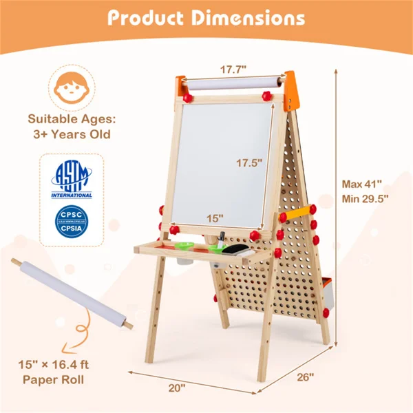 4-in-1 Kids Art Easel with Marble Run, Adjustable Height Double-Sided Drawing Easel with Paper Roll & Storage view 6