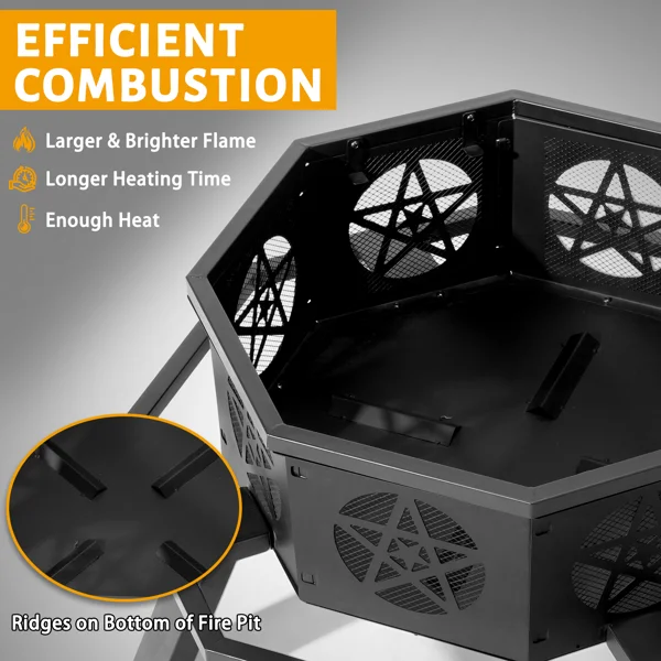 35 Inch Octagonal Wood Burning Fire Pit, Black Wrought Iron Fire Bowl with Foot Pedal and Star Cutout Vents, Flat Pack Design view 5