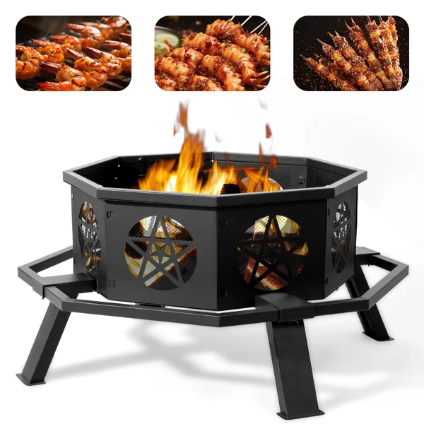35 Inch Octagonal Wood Burning Fire Pit, Black Wrought Iron Fire Bowl with Foot Pedal and Star Cutout Vents, Flat Pack Design