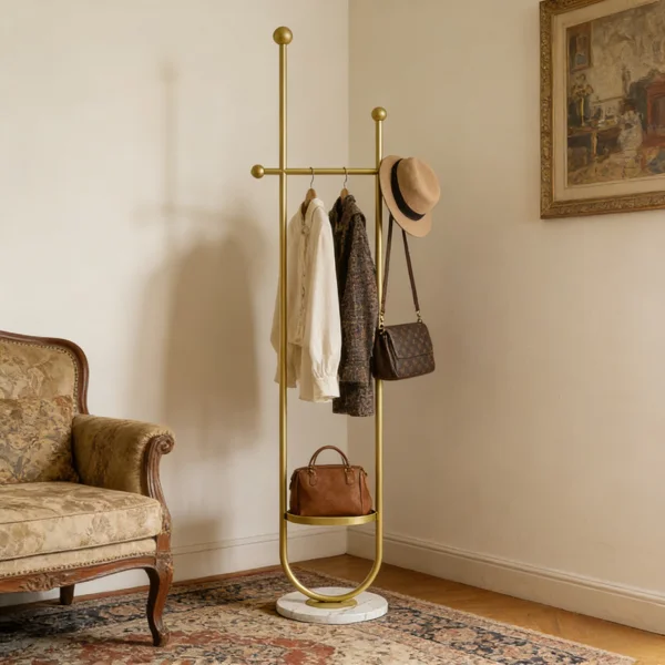 Clothing Rack, Golden Metal Freestanding Heavy Duty Clothes Rack with Marble Base, Multipurpose Garment Hanger for Bedroom, Hat, Scarf, Jacket
