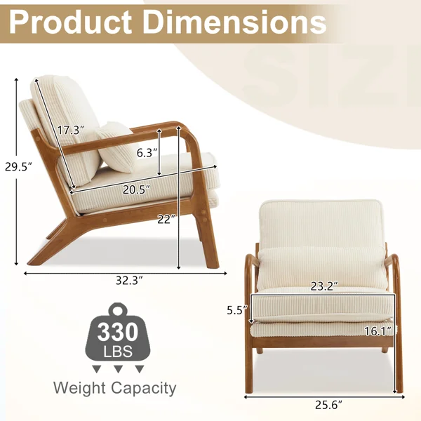 Low Arm Accent Chair - Off-White Corduroy Upholstered Indoor Lounge Chair, Compact Single Seater with Sturdy Frame (330LBS Weight Capacity) view 2